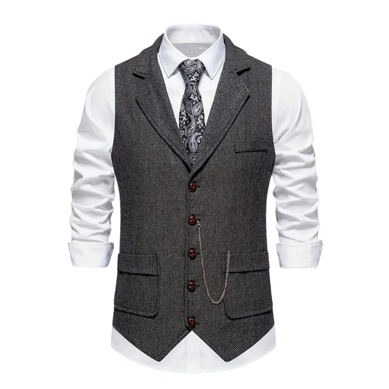 "Heren vintage vest in visgraat tweed, klassieke stijl met elegante revers, perfect voor elke gelegenheid, comfort en duurzaa