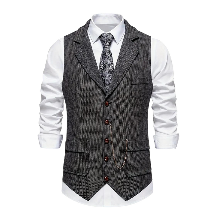 "Heren vintage vest in visgraat tweed, klassieke stijl met elegante revers, perfect voor elke gelegenheid, comfort en duurzaa