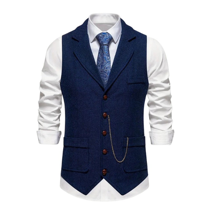 "Heren vintage vest in visgraat tweed, klassieke stijl met elegante revers, perfect voor elke gelegenheid, comfort en duurzaa
