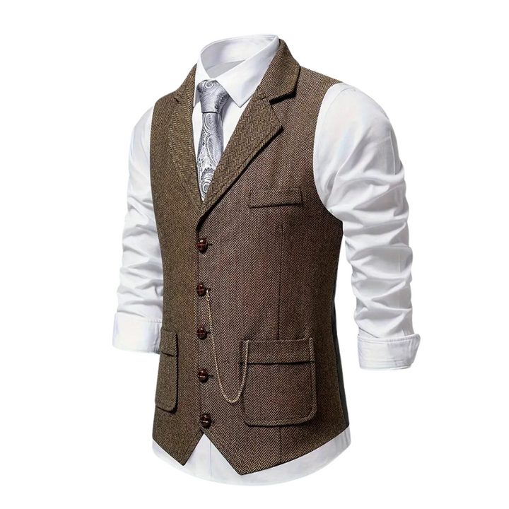 "Heren vintage vest in visgraat tweed, klassieke stijl met elegante revers, perfect voor elke gelegenheid, comfort en duurzaa