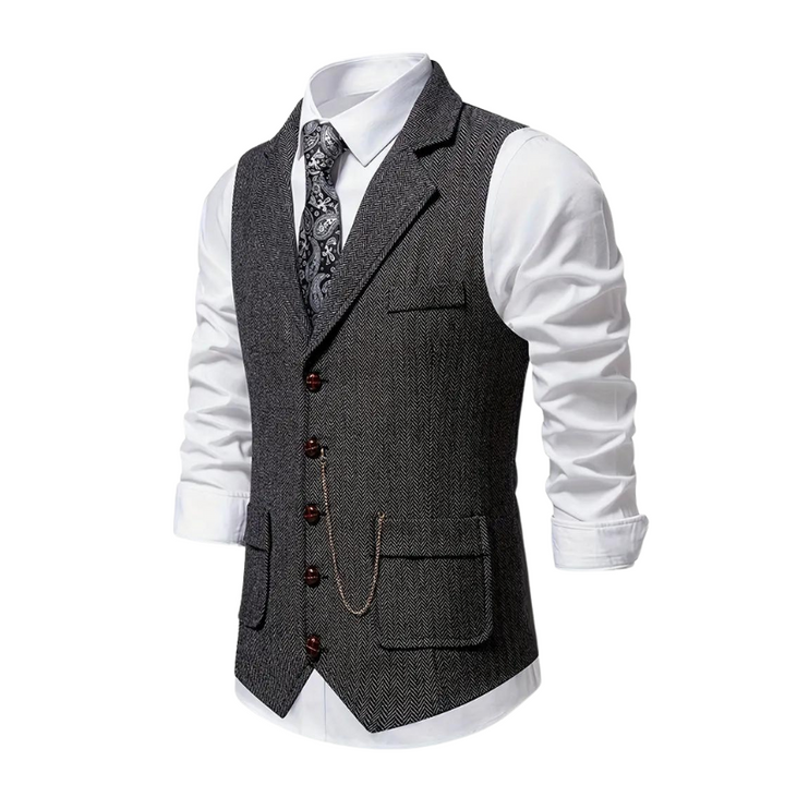 "Heren vintage vest in visgraat tweed, klassieke stijl met elegante revers, perfect voor elke gelegenheid, comfort en duurzaa