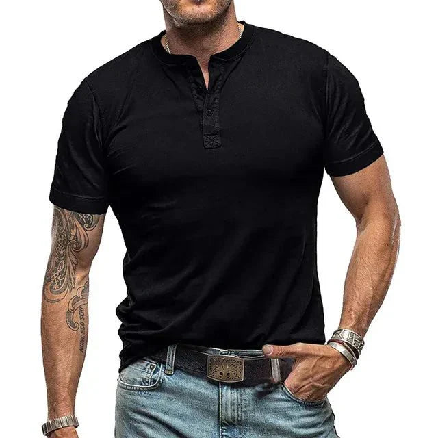 Heren zomer Henley T-shirt, korte mouwen, ademend; verkrijgbaar in zwart, beige, blauwgrijs en donkergrijs.