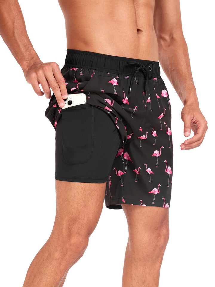 "Heren zwembroek met levendige tropische flamingo-print, sneldrogend materiaal en verstelbaar trekkoord voor comfort."