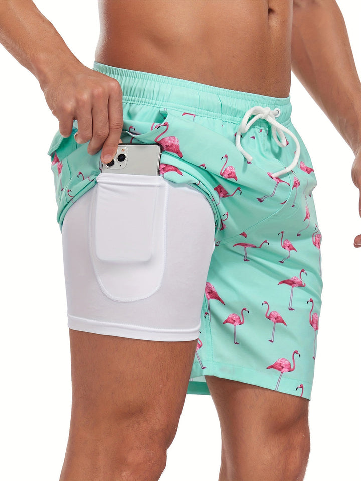 "Heren zwembroek met levendige tropische flamingo-print, sneldrogend materiaal en verstelbaar trekkoord voor comfort."