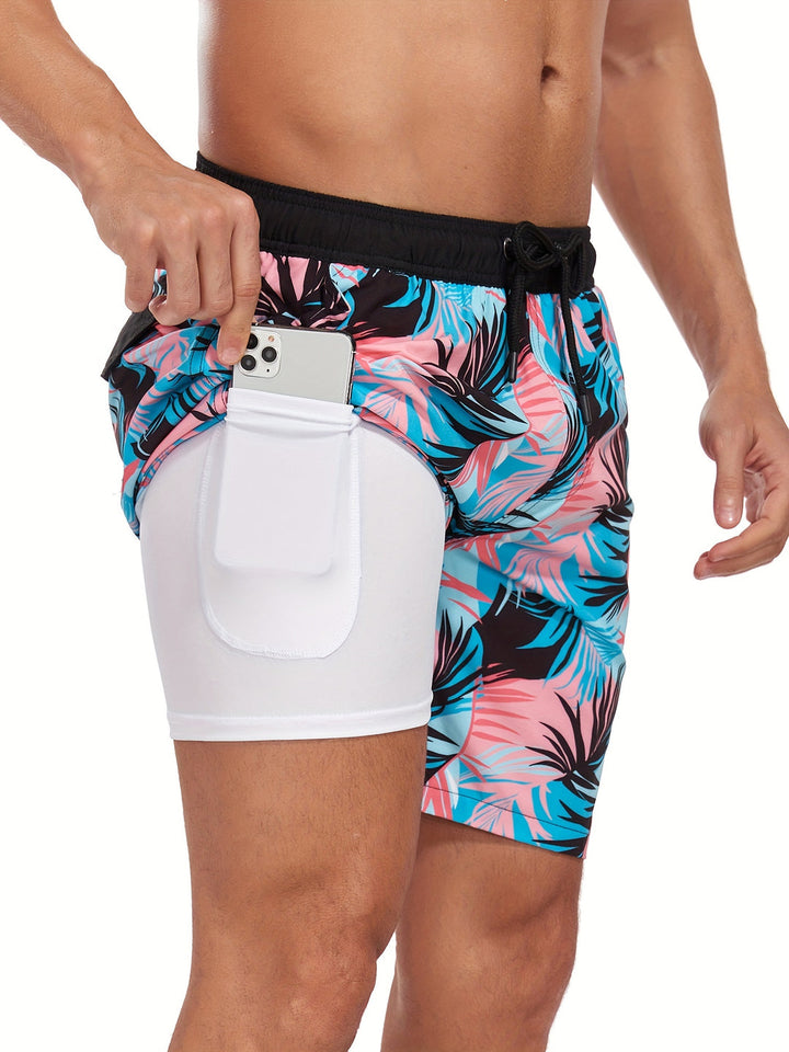 "Heren zwembroek met levendige tropische flamingo-print, sneldrogend materiaal en verstelbaar trekkoord voor comfort."