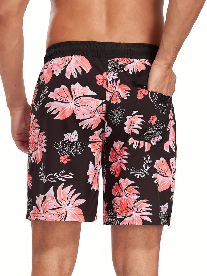 "Heren zwembroek met levendige tropische flamingo-print, sneldrogend materiaal en verstelbaar trekkoord voor comfort."