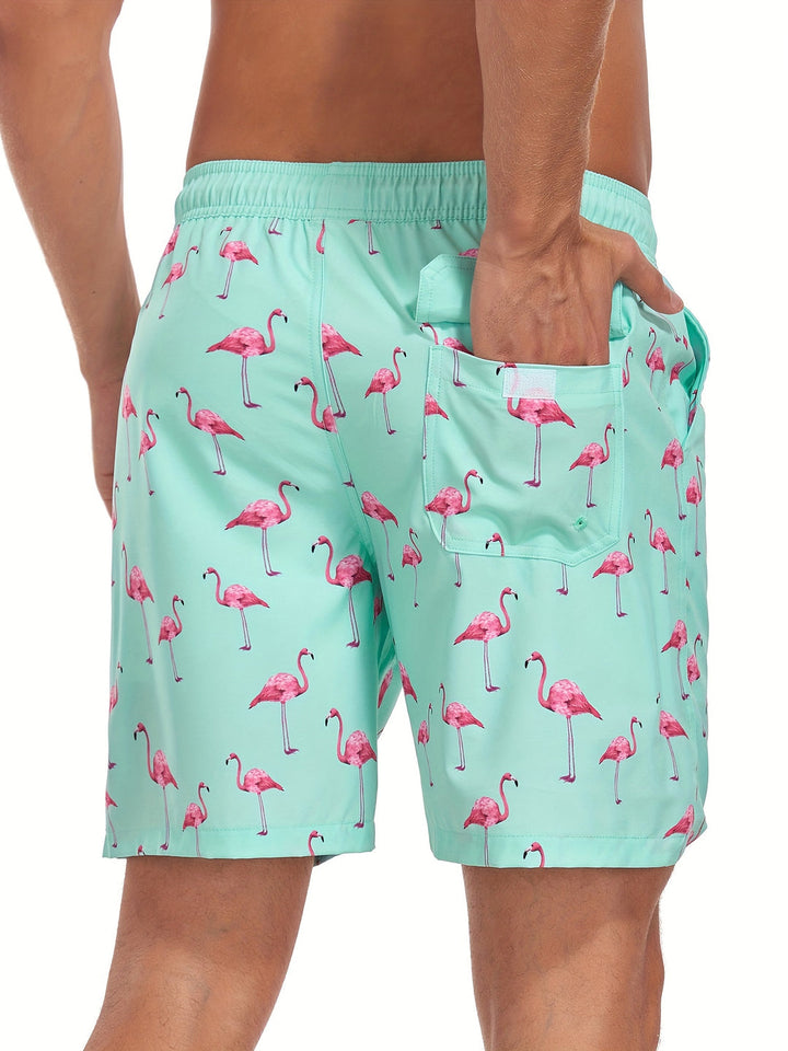 "Heren zwembroek met levendige tropische flamingo-print, sneldrogend materiaal en verstelbaar trekkoord voor comfort."