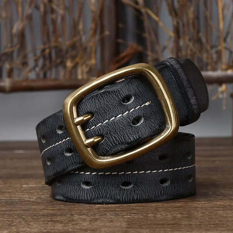 "Herenriem van echt runderleer met dubbele messing gesp, retro en stevig, perfect voor casual denim outfits."