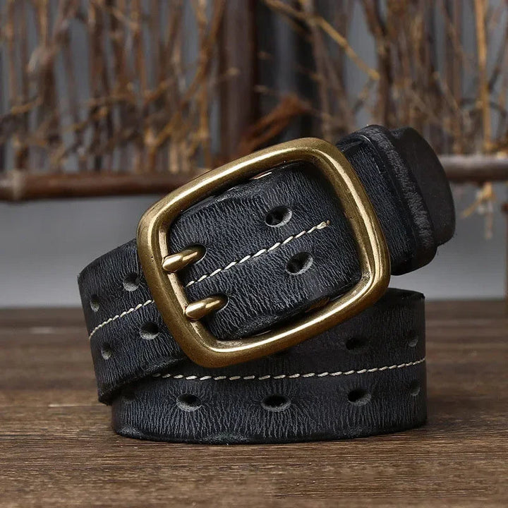 "Herenriem van echt runderleer met dubbele messing gesp, retro en stevig, perfect voor casual denim outfits."