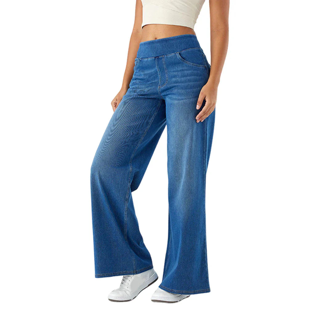 "High-waist wide-leg jeans met elastische tailleband, wijde pijpen, blauwe denim kleur, moderne pasvorm voor dames."