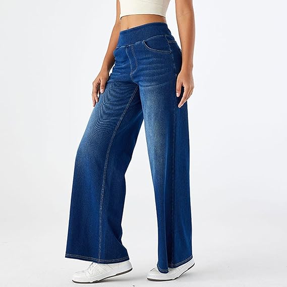 "High-waist wide-leg jeans met elastische tailleband, wijde pijpen, blauwe denim kleur, moderne pasvorm voor dames."