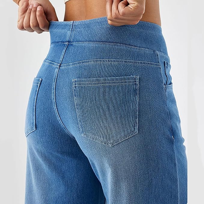 "High-waist wide-leg jeans met elastische tailleband, wijde pijpen, blauwe denim kleur, moderne pasvorm voor dames."