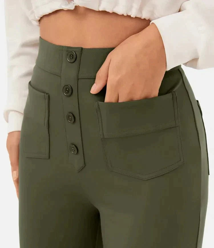 "High-waisted elastische broek met knoopdetails, hoge taille en rechte pijpen voor comfort en stijl, damesmode"