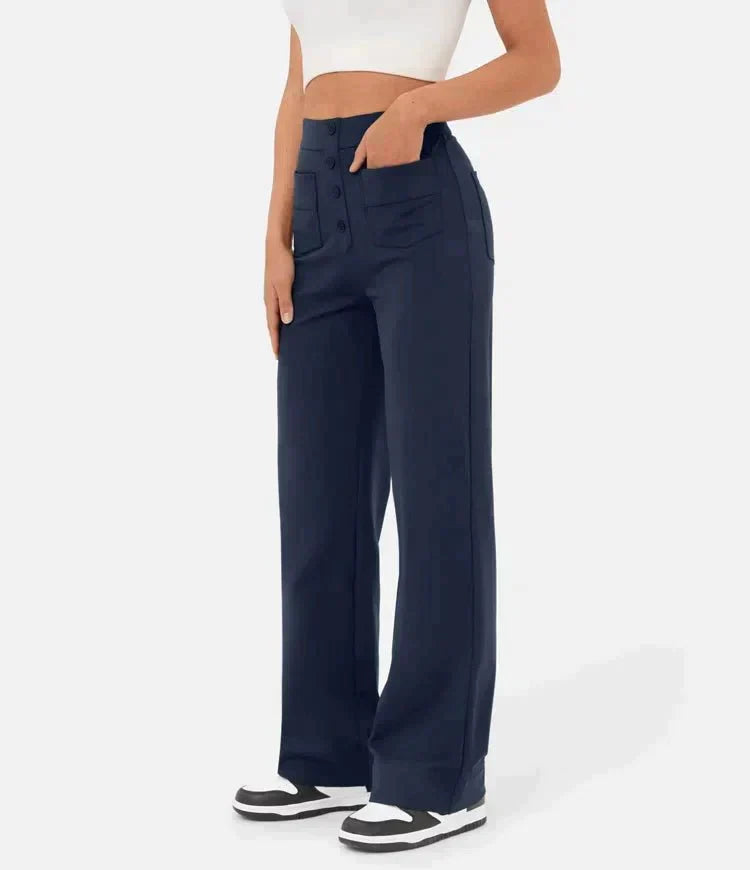 "High-waisted elastische broek met knoopdetails, hoge taille en rechte pijpen voor comfort en stijl, damesmode"