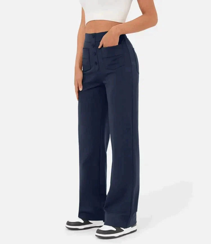 "High-waisted elastische broek met knoopdetails, hoge taille en rechte pijpen voor comfort en stijl, damesmode"