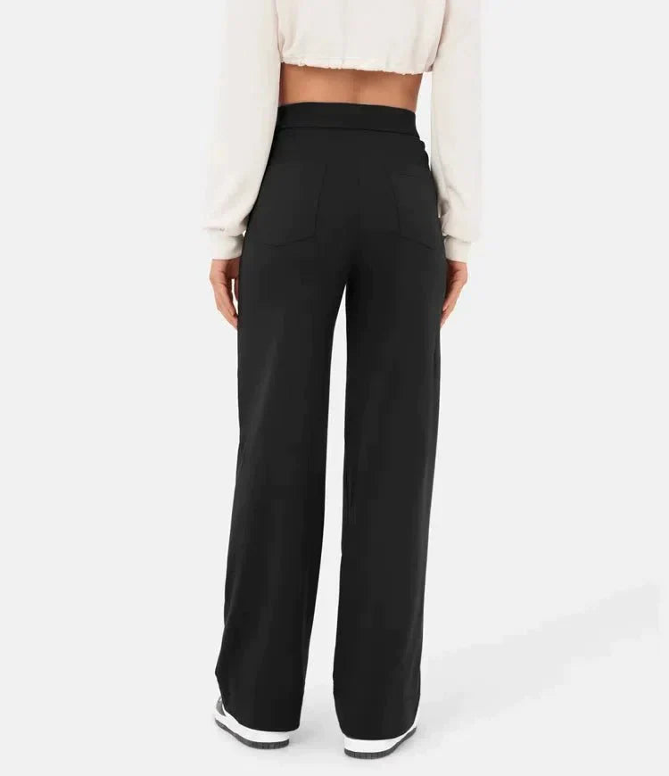 "High-waisted elastische broek met knoopdetails, hoge taille en rechte pijpen voor comfort en stijl, damesmode"