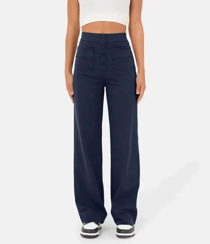 "High-waisted elastische broek met knoopdetails, hoge taille en rechte pijpen voor comfort en stijl, damesmode"