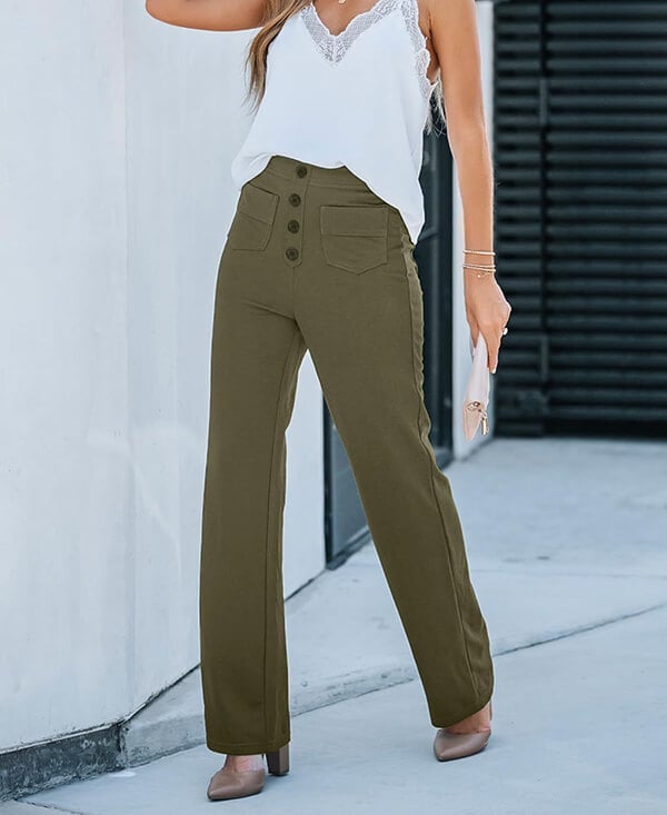 "High-waisted elastische broek met knoopdetails, hoge taille en rechte pijpen voor comfort en stijl, damesmode"