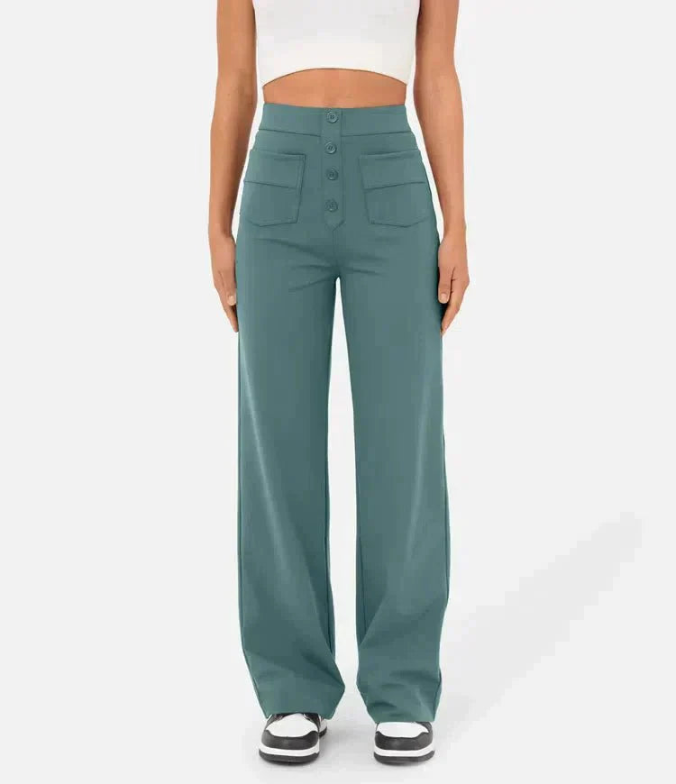 "High-waisted elastische broek met knoopdetails, hoge taille en rechte pijpen voor comfort en stijl, damesmode"