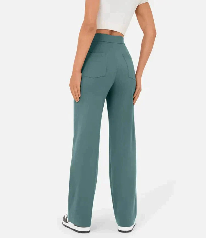 "High-waisted elastische broek met knoopdetails, hoge taille en rechte pijpen voor comfort en stijl, damesmode"