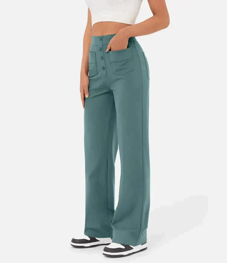 "High-waisted elastische broek met knoopdetails, hoge taille en rechte pijpen voor comfort en stijl, damesmode"