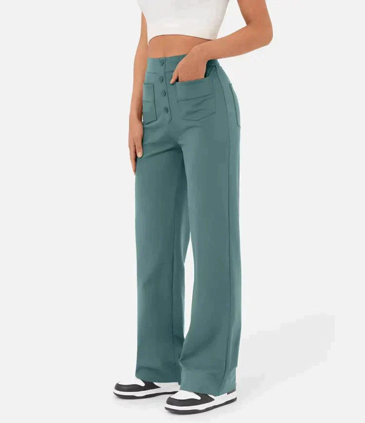 "High-waisted elastische broek met knoopdetails, hoge taille en rechte pijpen voor comfort en stijl, damesmode"