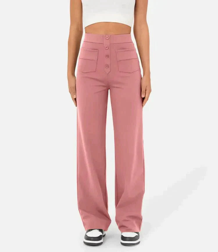 "High-waisted elastische broek met knoopdetails, hoge taille en rechte pijpen voor comfort en stijl, damesmode"