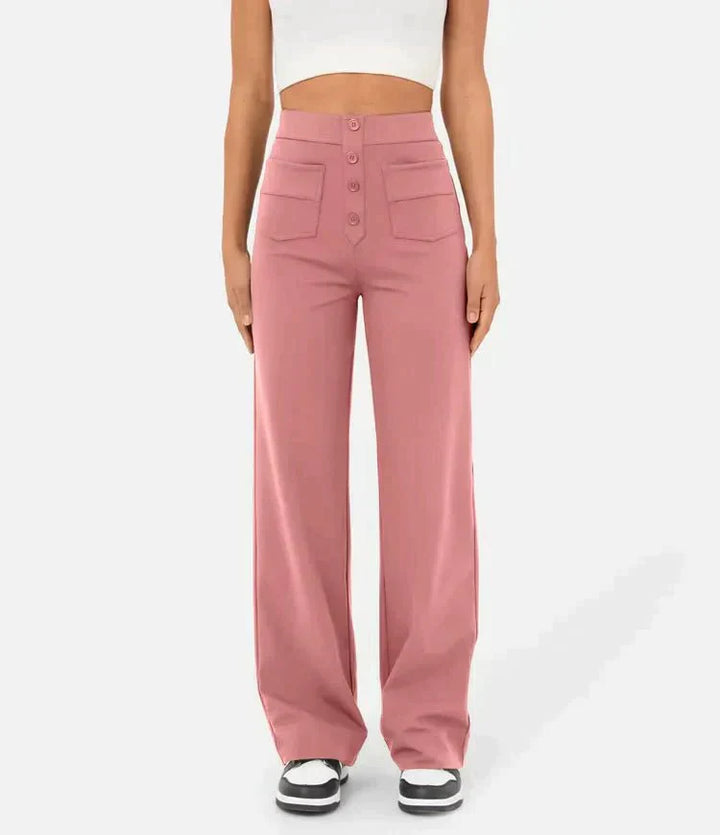 "High-waisted elastische broek met knoopdetails, hoge taille en rechte pijpen voor comfort en stijl, damesmode"