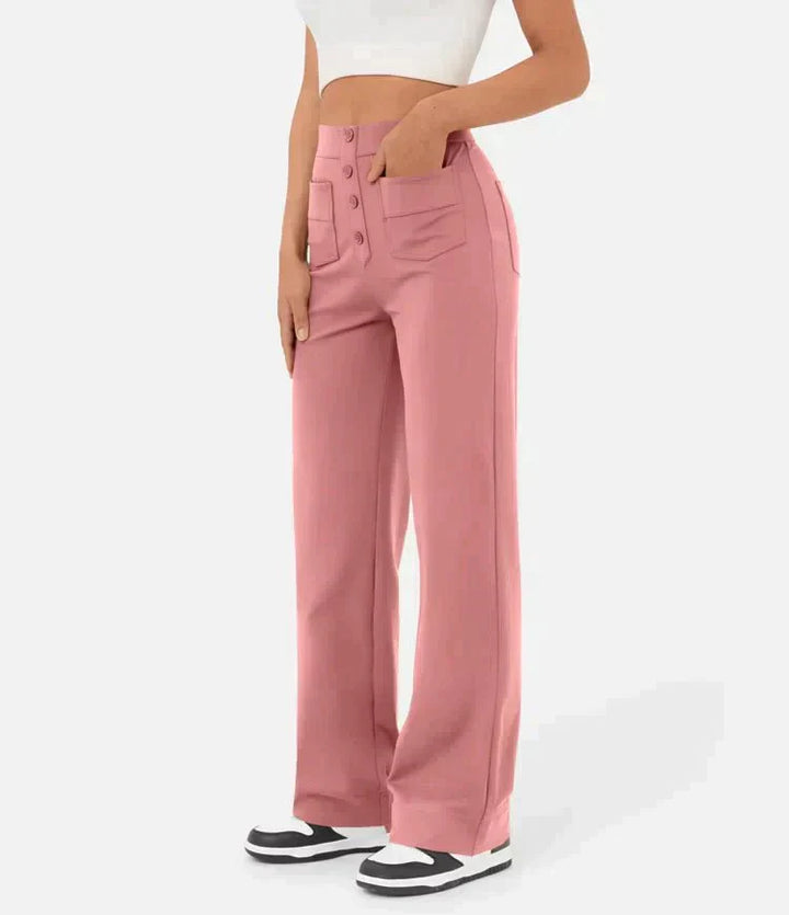 "High-waisted elastische broek met knoopdetails, hoge taille en rechte pijpen voor comfort en stijl, damesmode"