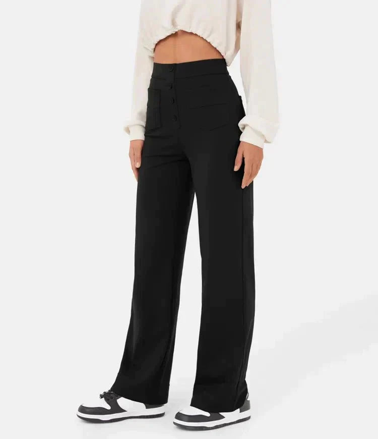 "High-waisted elastische broek met knoopdetails, hoge taille en rechte pijpen voor comfort en stijl, damesmode"