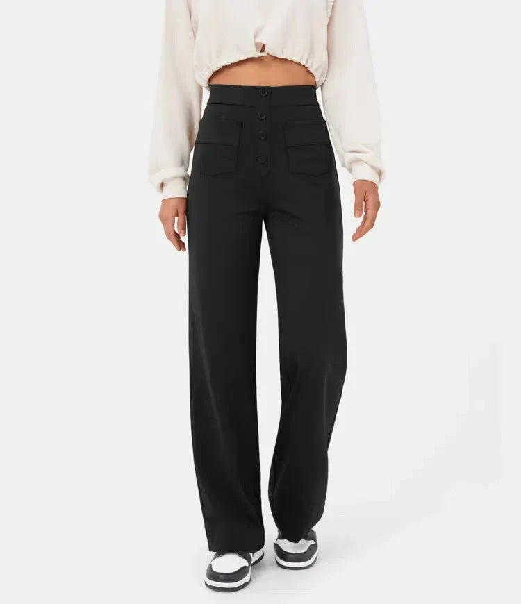 "High-waisted elastische broek met knoopdetails, hoge taille en rechte pijpen voor comfort en stijl, damesmode"