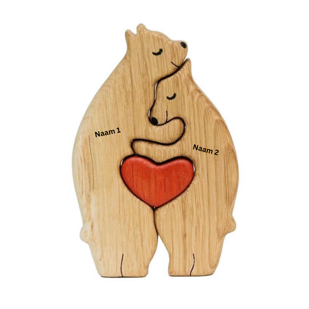 "Houten berenfamilie decor, gepersonaliseerd voor elk gezin, warme houten figuren, ideaal voor interieurdecoratie."