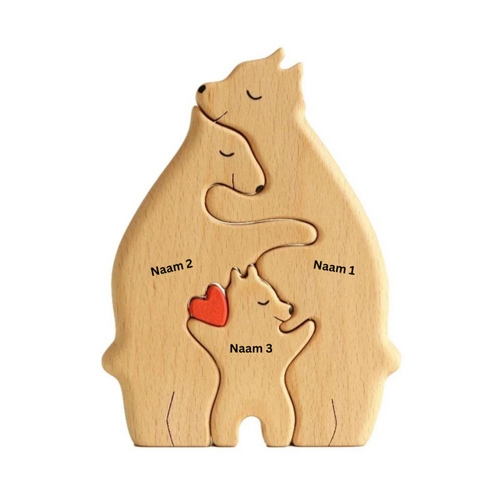 "Houten berenfamilie decor, gepersonaliseerd voor elk gezin, warme houten figuren, ideaal voor interieurdecoratie."