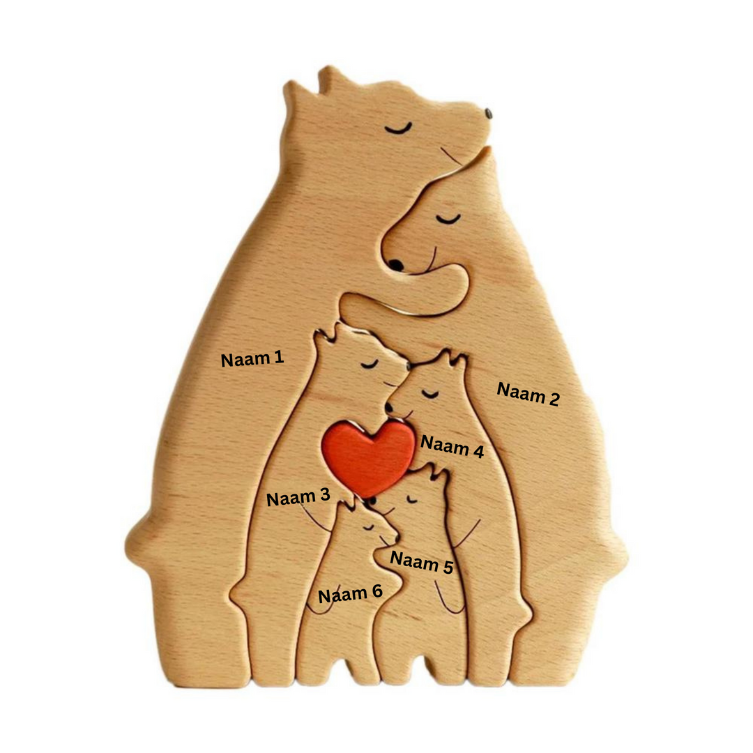 "Houten berenfamilie decor, gepersonaliseerd voor elk gezin, warme houten figuren, ideaal voor interieurdecoratie."