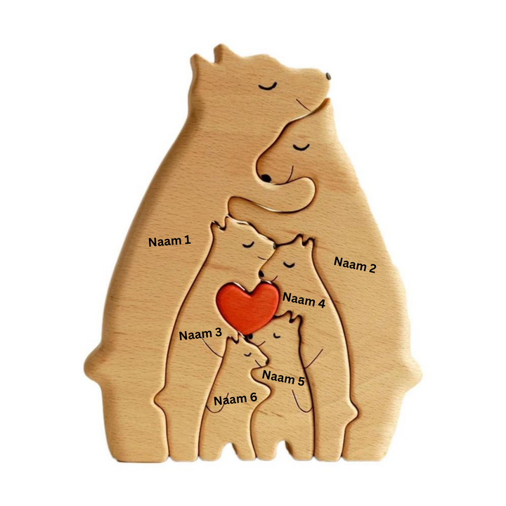 "Houten berenfamilie decor, gepersonaliseerd voor elk gezin, warme houten figuren, ideaal voor interieurdecoratie."