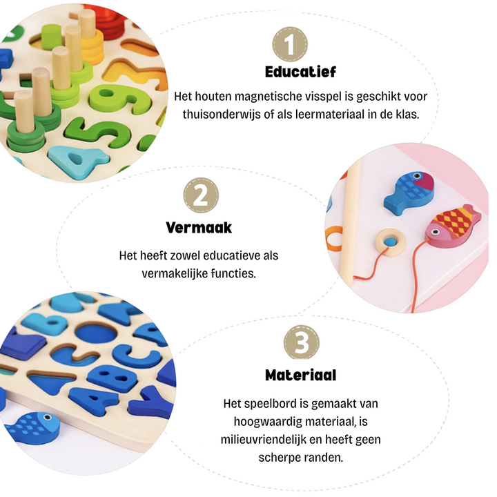 "Houten Montessori speelbord met educatieve elementen zoals cijfers en vormen, duurzaam en kleurrijk voor baby en peuter."