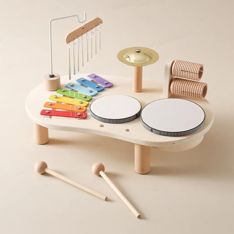 "Houten muziekspeelset voor baby's met drum en gong, bevordert creativiteit en motorische vaardigheden, duurzame constructie.