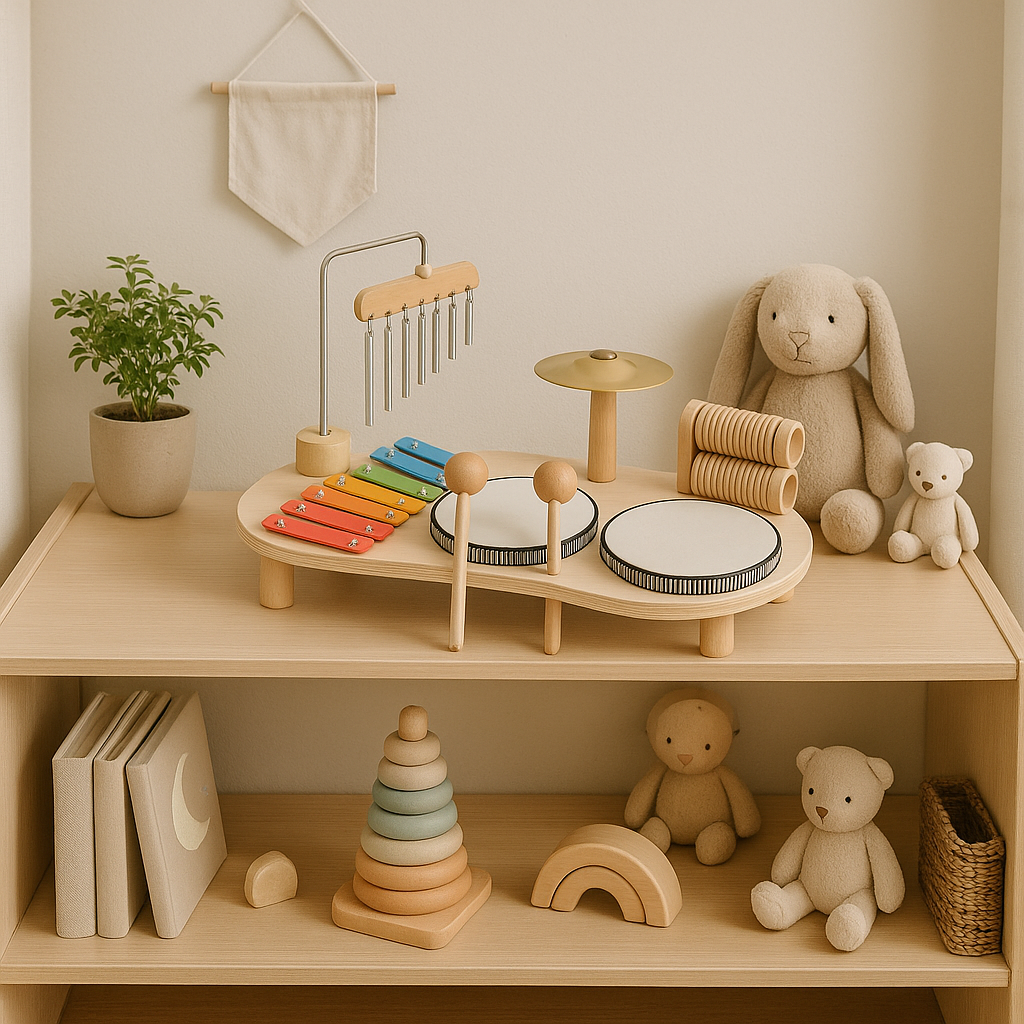"Houten muziekspeelset voor baby's met drum en gong, bevordert creativiteit en motorische vaardigheden, duurzame constructie.