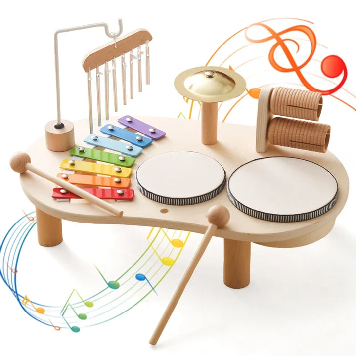 "Houten muziekspeelset voor baby's met drum en gong, bevordert creativiteit en motorische vaardigheden, duurzame constructie.