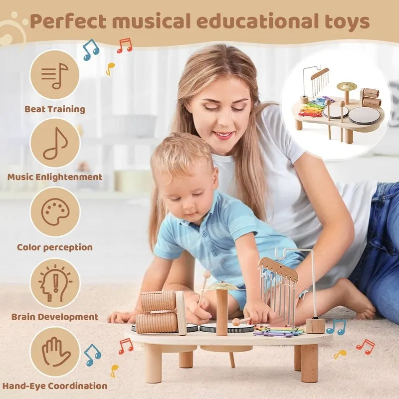 "Houten muziekspeelset voor baby's met drum en gong, bevordert creativiteit en motorische vaardigheden, duurzame constructie.
