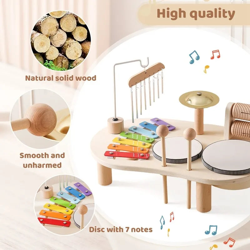 "Houten muziekspeelset voor baby's met drum en gong, bevordert creativiteit en motorische vaardigheden, duurzame constructie.