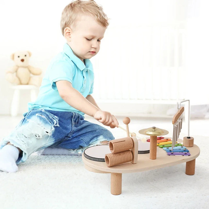 "Houten muziekspeelset voor baby's met drum en gong, bevordert creativiteit en motorische vaardigheden, duurzame constructie.