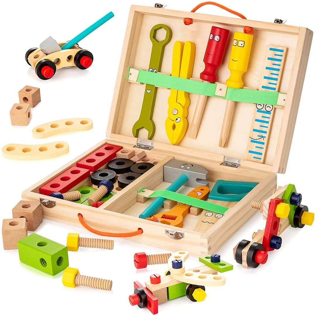 "Houten speelgoed gereedschapskist voor kinderen met kleurrijke onderdelen, perfect voor educatief spelen en creativiteit."