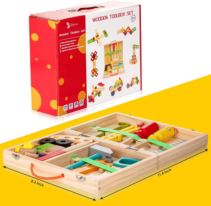 "Houten speelgoed gereedschapskist voor kinderen met kleurrijke onderdelen, perfect voor educatief spelen en creativiteit."