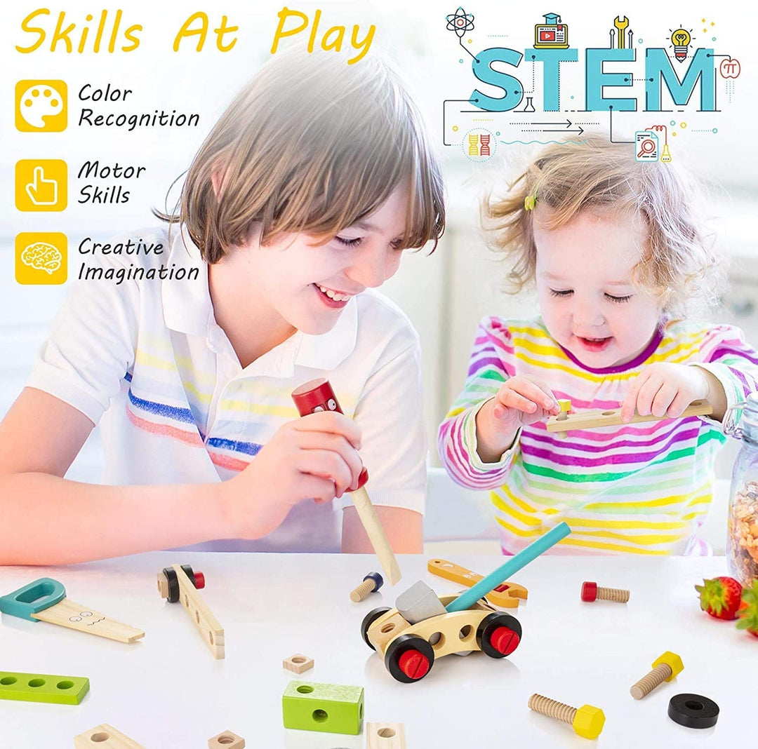 "Houten speelgoed gereedschapskist voor kinderen met kleurrijke onderdelen, perfect voor educatief spelen en creativiteit."