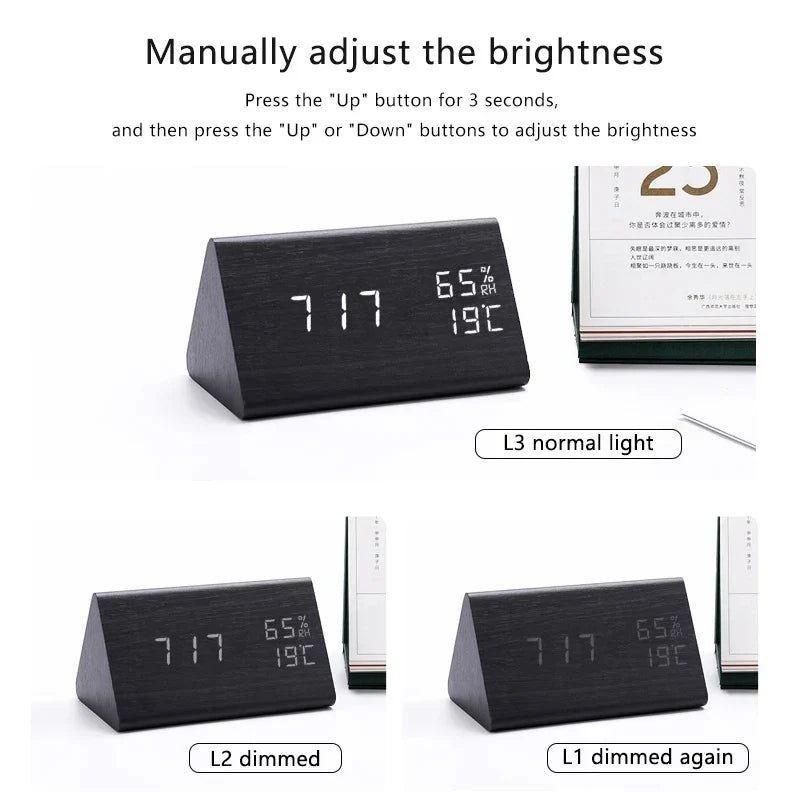 Houten wekker met LED-display, spraakbesturing en temperatuurweergave; elegant design voor elke moderne slaapkamer.