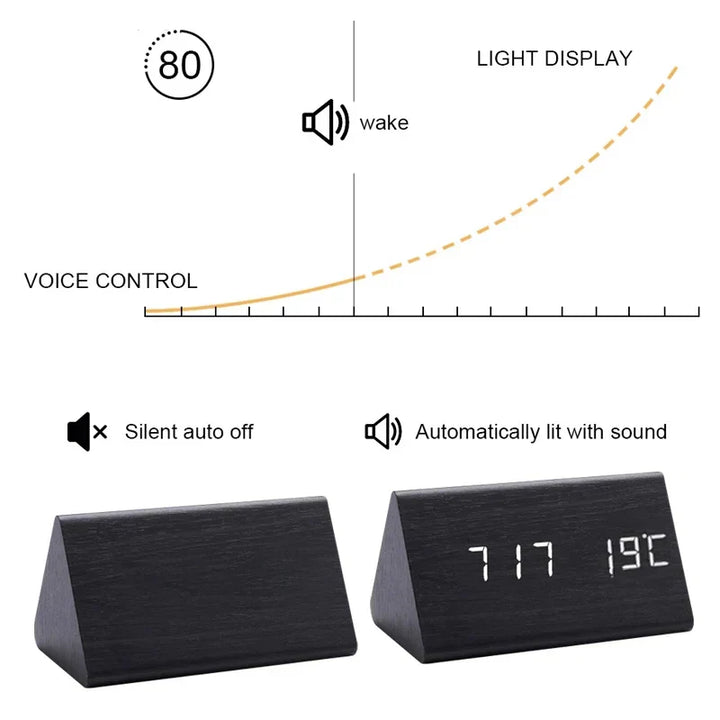 Houten wekker met LED-display, spraakbesturing en temperatuurweergave; elegant design voor elke moderne slaapkamer.