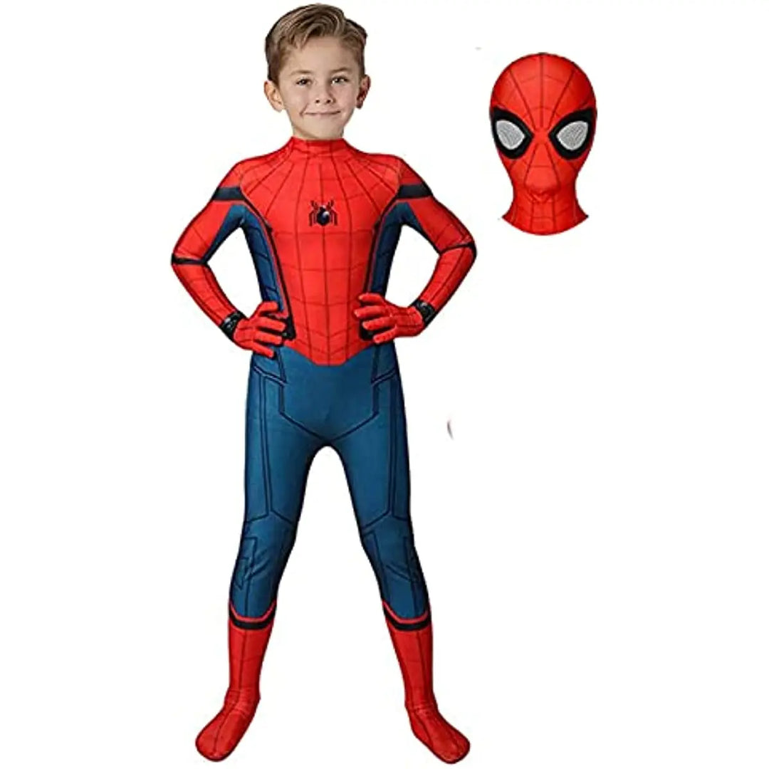 "Iconisch Spider-Man kostuum voor kinderen met felrode en blauwe kleuren, inclusief masker voor superheldenverkleedpartijen."