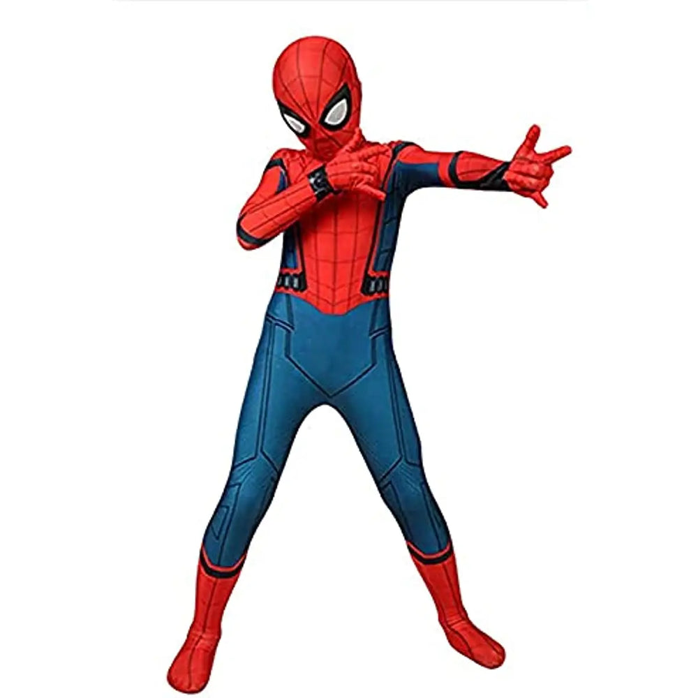 "Iconisch Spider-Man kostuum voor kinderen met felrode en blauwe kleuren, inclusief masker voor superheldenverkleedpartijen."
