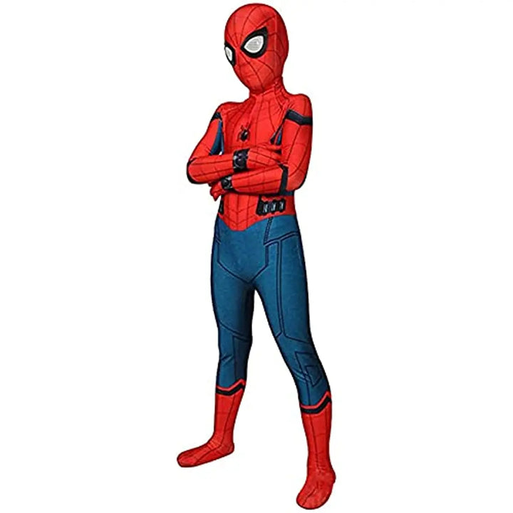 "Iconisch Spider-Man kostuum voor kinderen met felrode en blauwe kleuren, inclusief masker voor superheldenverkleedpartijen."